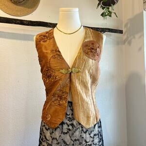 Handmade Vintage Golden Yellow Textured Floral Blouse Vest Top Size Small